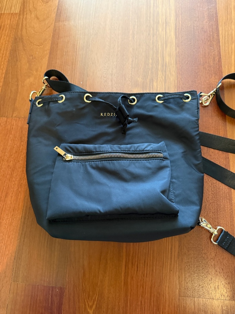 Kedzie Black Nylon Crossbody with Front Zip Pocket and Gold-Tone Hardware